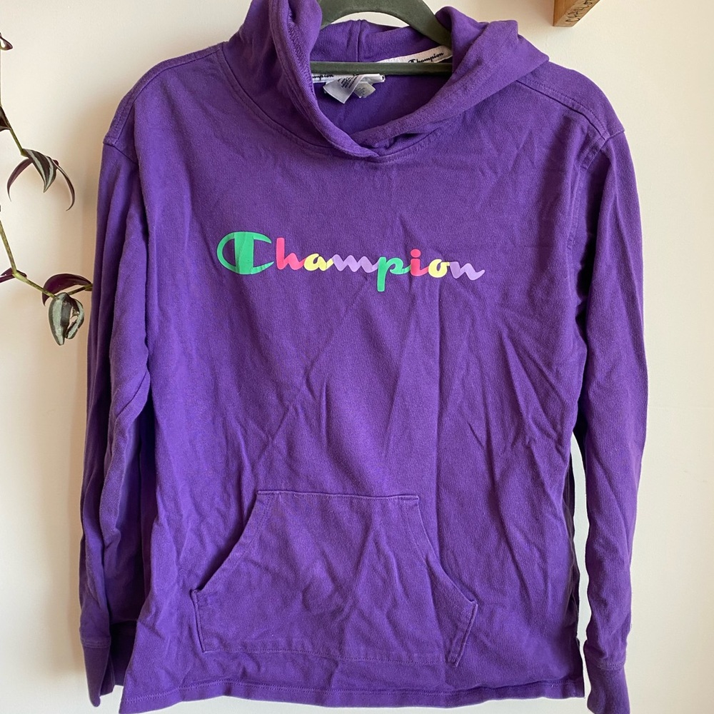 Champion Hoodie Sweatshirt Vintage Retro 90s Purple Multicolor Logo Size XS